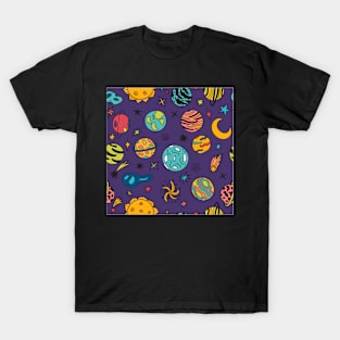 Cartoon Galaxy With Comets Asteroids Stars And Planets T-Shirt